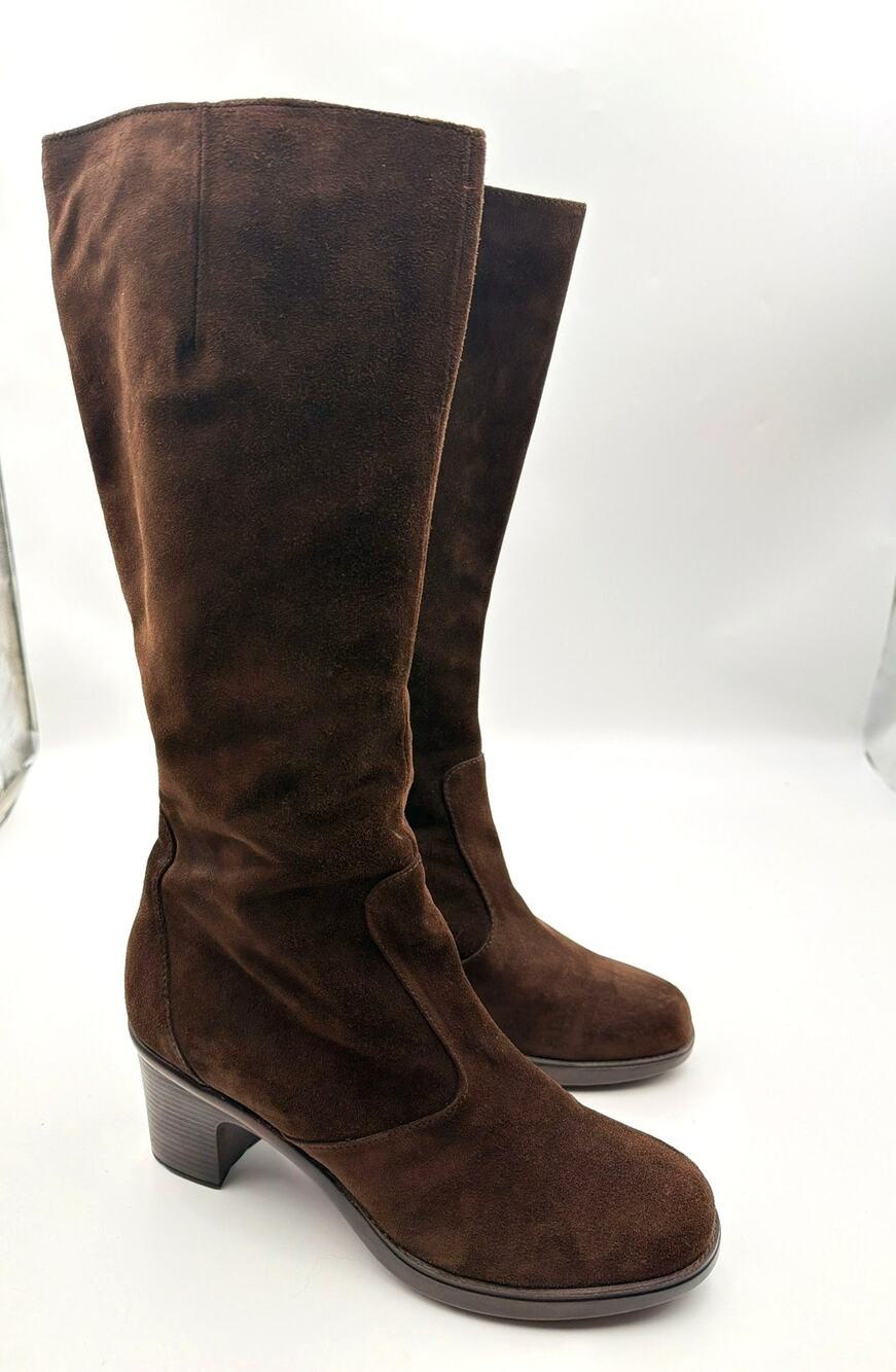 Dansko Risa Chocolate Brown Suede Tall Heel Boots 41 10.5 11 70s Boho Penny Lane